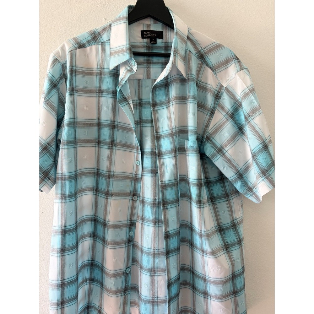 Marc Edwards Plaid Shirt Men's Medium M Blue White Short Sleeve Casual Button Up
